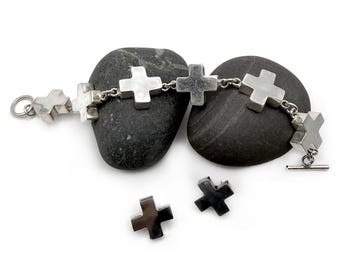Vintage Taxco Mexico Sterling Silver Cross Link Bracelet & Earrings Set 8" Modernist Toggle Suite