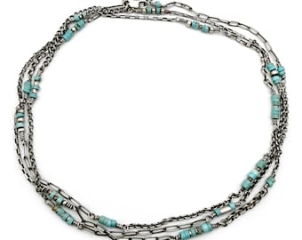 Long Wrap Sterling Silver Turquoise Bead Necklace Multichain Heishi Bead Paperclip Chain Adjustable Length Boho