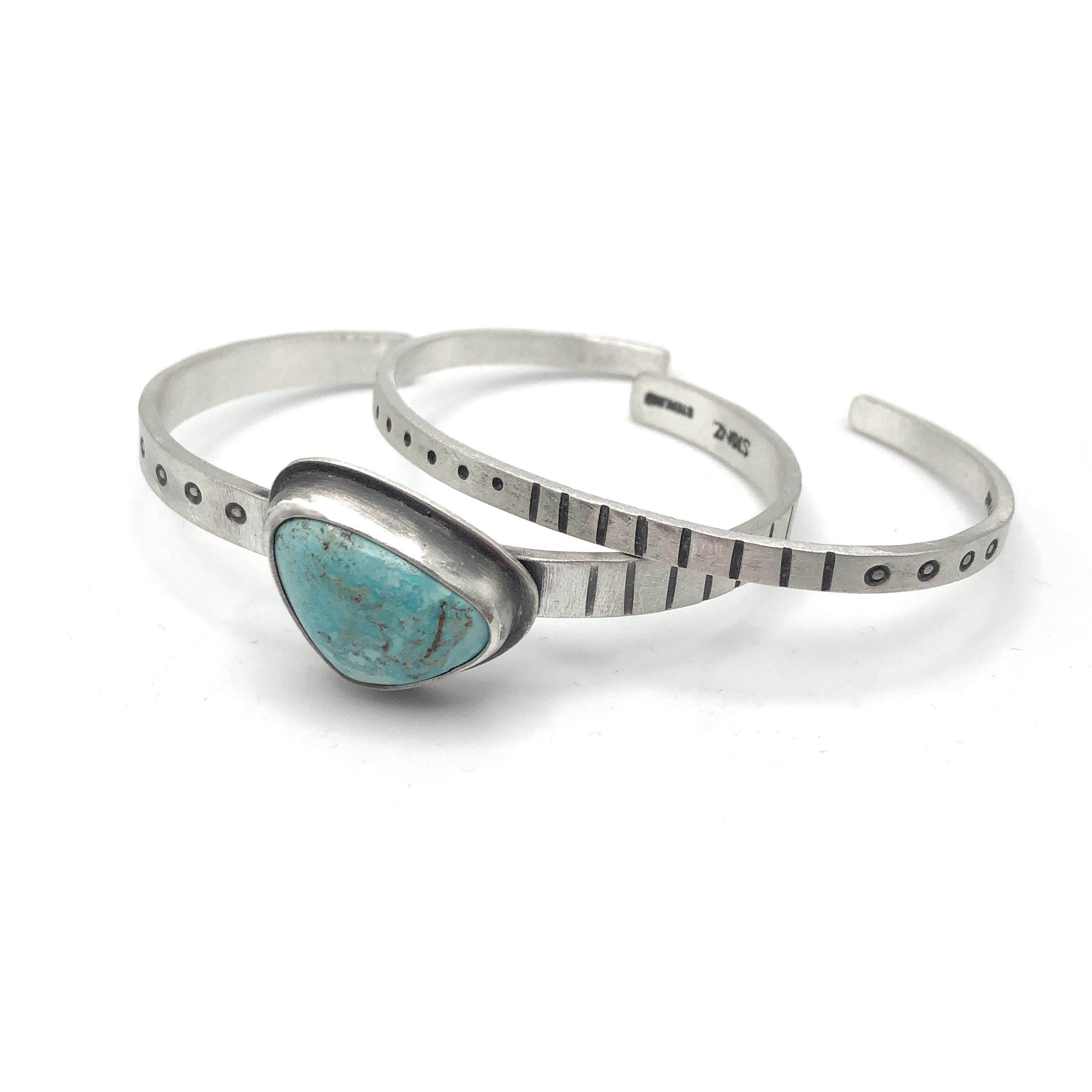 Turquoise Pattern Stamped Sterling Silver Cuff Bracelet Pair