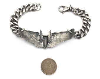 Vintage WWII Sterling Silver Air Force Wing Bracelet: Heavy Curb