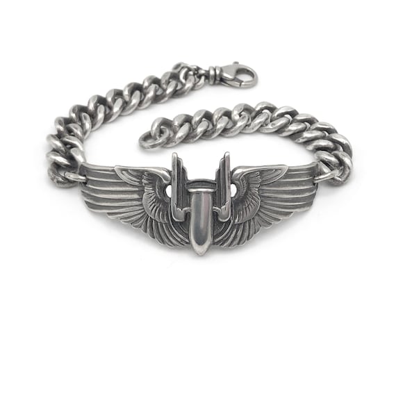 Vintage WWII Sterling Silver Air Force Wing Bracelet: Heavy Curb
