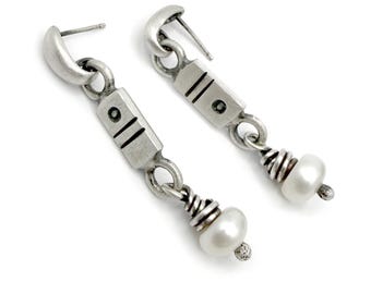 Sterling Silver Post Back Pierced Button Pearl Earrings Dangle Dots Lines