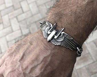 Vintage WWII Sterling Silver Air Force Wing Bracelet: Heavy Curb