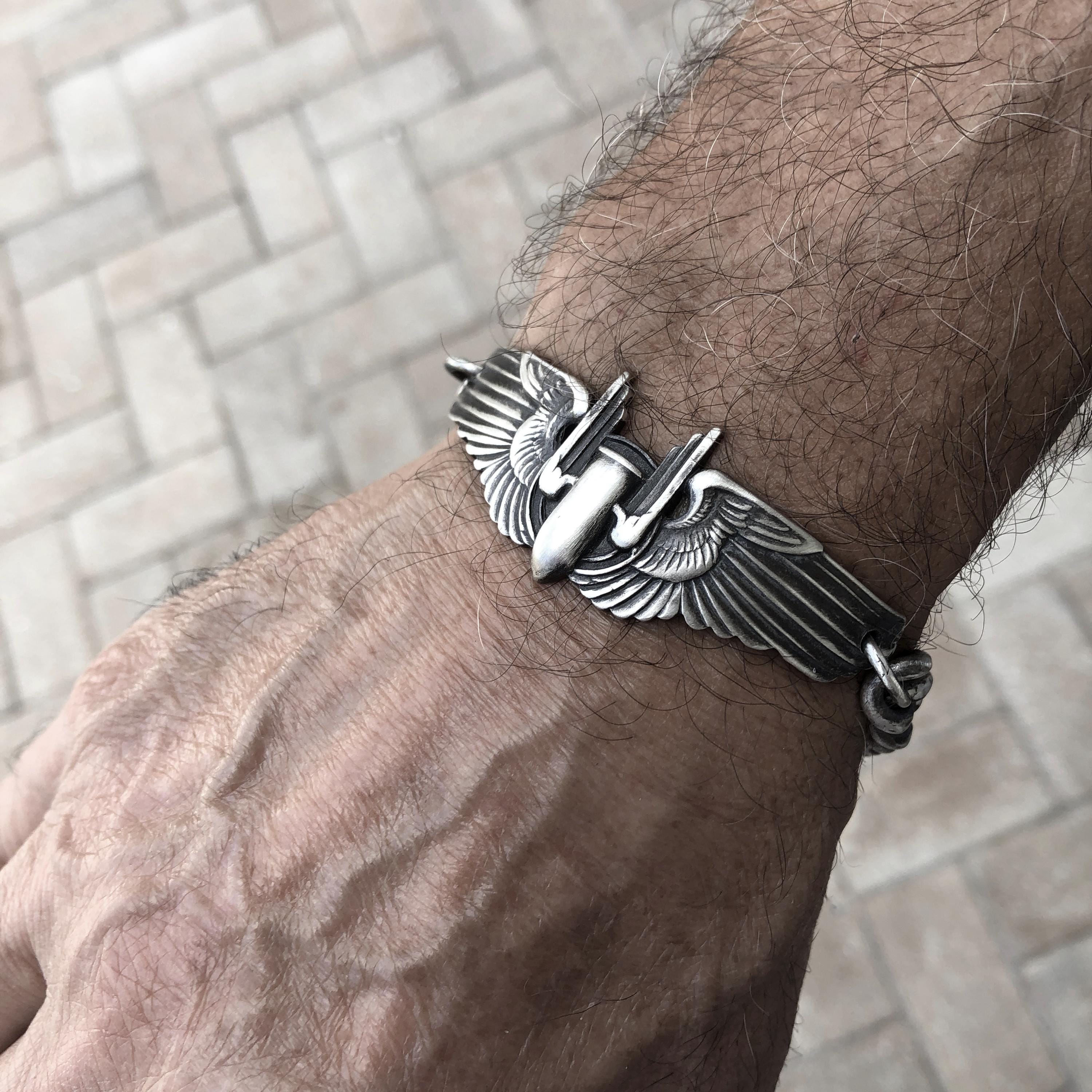 Vintage WWII Sterling Silver Air Force Wing Bracelet: Heavy Curb
