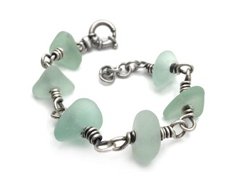 Authentic Seaglass Chunky Aqua Beach Glass Sterling Silver Bracelet Adjustable