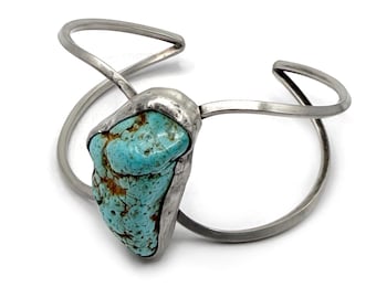 Vintage Southwestern Sterling Silver Split Shank Cuff Bracelet, Raw Free-Form Turquoise Nugget Statement, Native Style