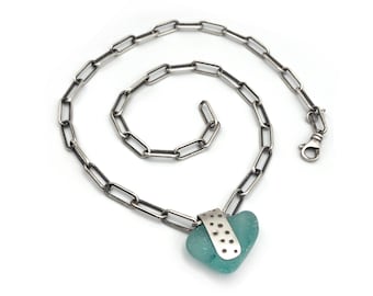 Authentic Teal Seaglass Sterling Silver Paperclip Chain Necklace