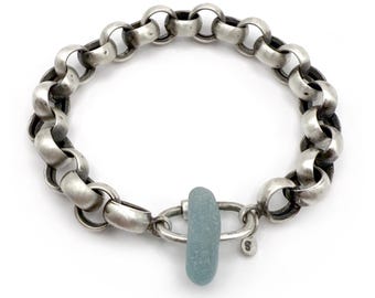 Sterling Silver Aqua Seaglass Carabiner Screw Clasp Chunky Vintage Rolo Chain Bracelet Large