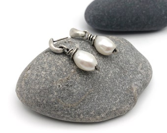 Sterling Silver Pearl Post Back Earrings Circle Handmade Unique Satin Brushed Finish