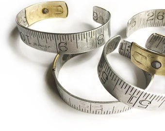 Small Vintage Ruler Cuff Bracelet: Upcycled Aluminum Brass, 10th Anniversary