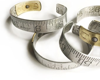 SMALL Size Ruler Bracelet Vintage Repurposed Upcycled Aluminum Brass Cuff Him or Her 10th Anniversary