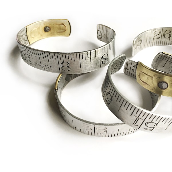 SMALL Size Ruler Bracelet Vintage Repurposed Upcycled Aluminum Brass Cuff Him or Her 10th Anniversary