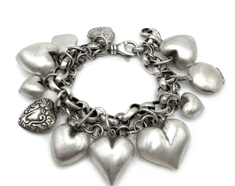Heavy Sterling Silver Vintage Charm Bracelet: Lockets, Puffy Hearts