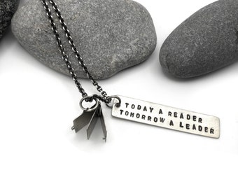 Sterling Silver Necklace Book Charm Locket Today a reader, tomorrow a leader Margaret Fuller Quote