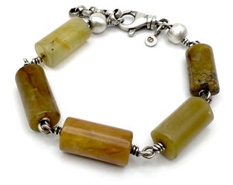 Sterling Silver Agate Bead Handmade Bracelet Adjustable Amber Jade Colors