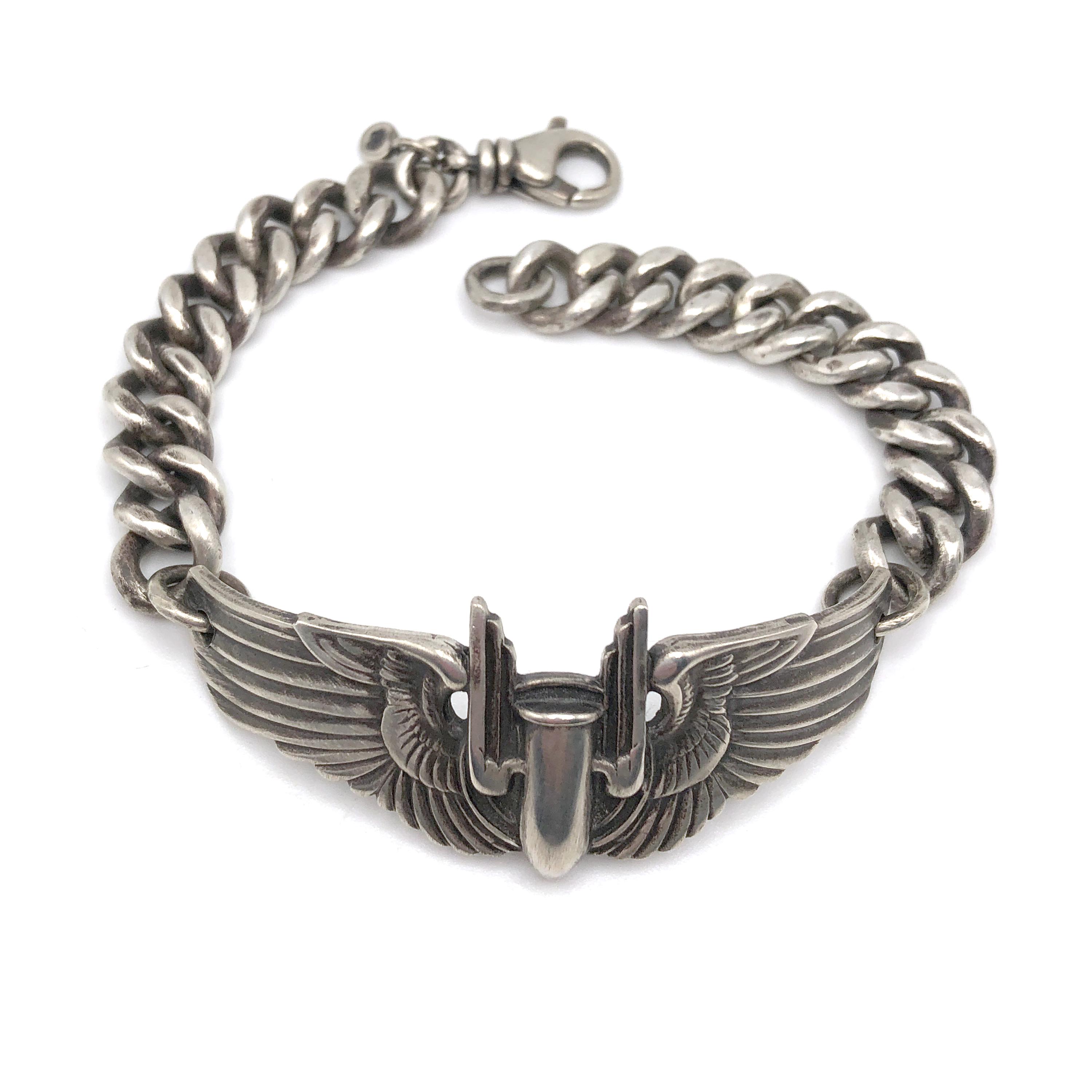 Vintage WWII Sterling Silver Air Force Wing Bracelet: Heavy Curb