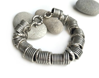 Handmade Sterling Silver Coiled Bead Chain Bracelet Adjustable Recycled Silver Heavy Artisan