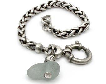 Sterling Silver Woven Wheat Chain Bracelet Seaglass Charm Adjustable Your Size