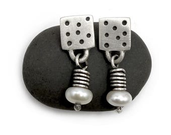 Sterling Silver Post Back Pierced Button Pearl Earrings Dangle Dots