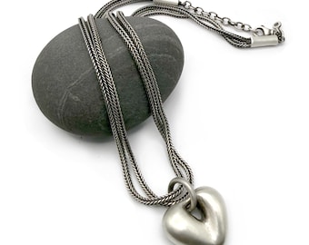 Sterling Silver Modernist Puffy Heart Necklace Double Foxtail Chain Adjustable Oxidized