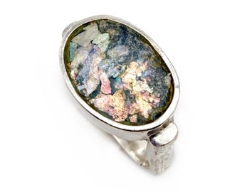 Luli Hamersztein Sterling Silver Ancient Roman Glass Ring, Signed SR 925, Size 7 Israel Iridescent, Vintage