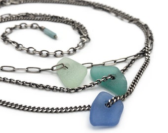 Authentic Seaglass Blue Teal Aqua Sterling Three Triple Chain Necklace Adjustable