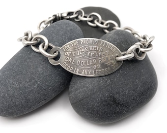 1940s Key Tag Sterling Silver Upcycled Vintage Cable Chain Bracelet Your Size Him or Her Great Typography Letters Swivel Clasp Broadway NY