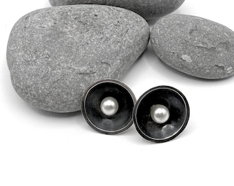 Sterling Silver Delfino Taxco Oxidized Cup Earrings with Faux Pearl – 1940s Modernist