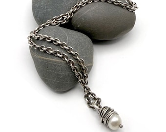 Sterling Silver Freshwater Pearl Heavy Chain Necklace 18 Inch