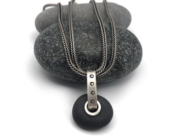 Tube Riveted Black Lake Erie Beach Stone Pendant Double Sterling Foxtail Chain Necklace Adjustable