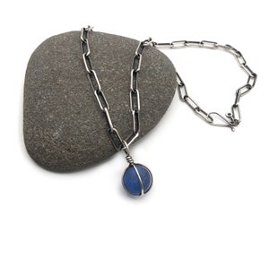 Blue Authentic Seaglass Marble Pendant Necklace Sterling Silver Adjustable Oblong Cable Paperclip Chain image 2