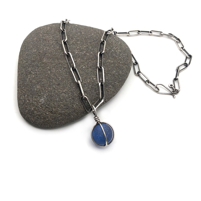 Blue Authentic Seaglass Marble Pendant Necklace Sterling Silver Adjustable Oblong Cable Paperclip Chain image 2