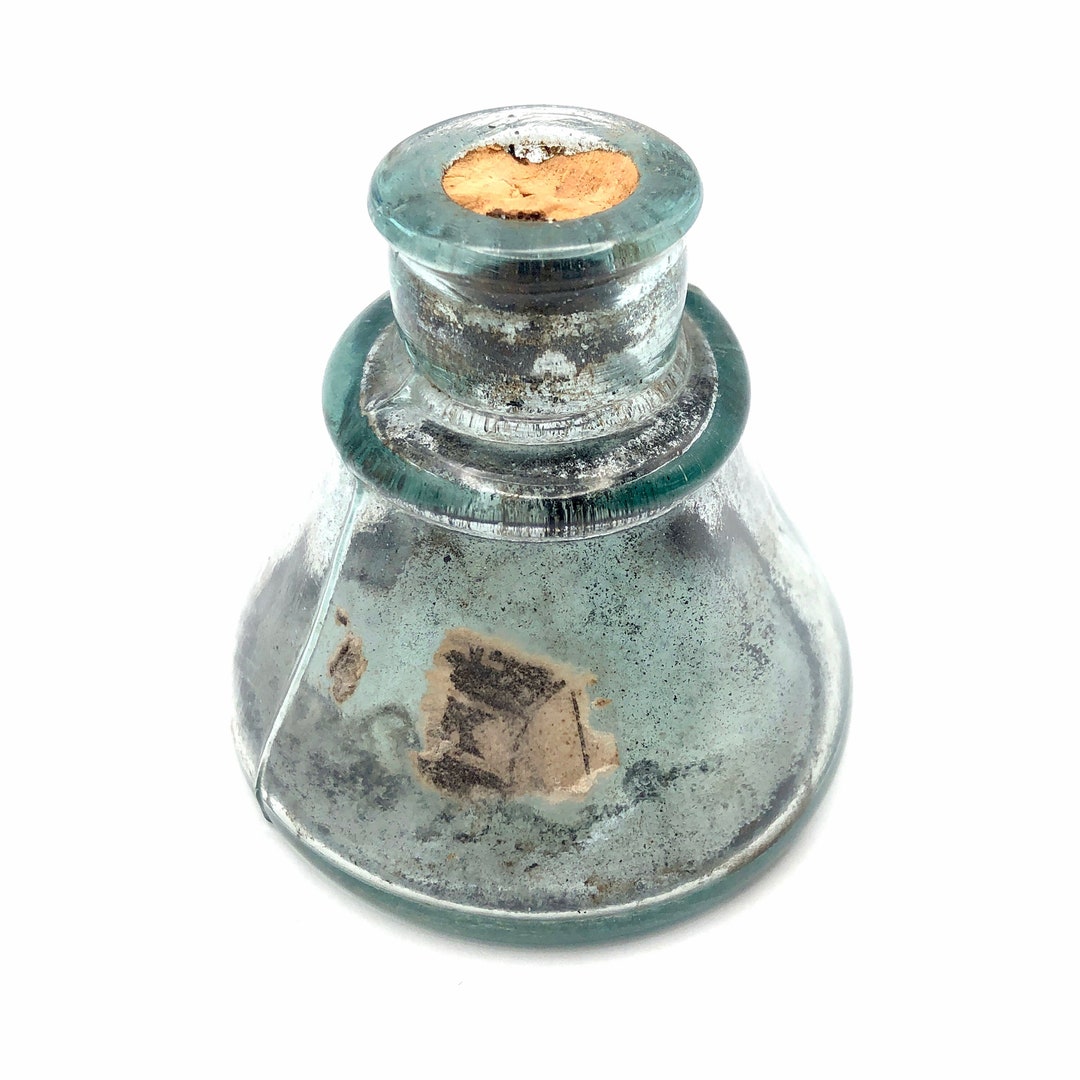 Old Cone Shaped Ink Bottle Well Collectible Aqua Glass Cork Etsy