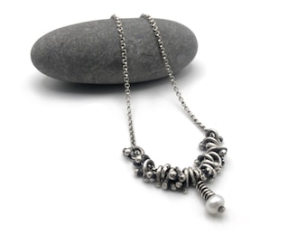 Sterling Silver Pearl Twist Bead Necklace Patina Oxidized Unusual