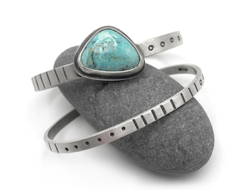 Turquoise Pattern Stamped Sterling Silver Cuff Bracelet Pair Bracelets Set Dots Circles Lines Kingman
