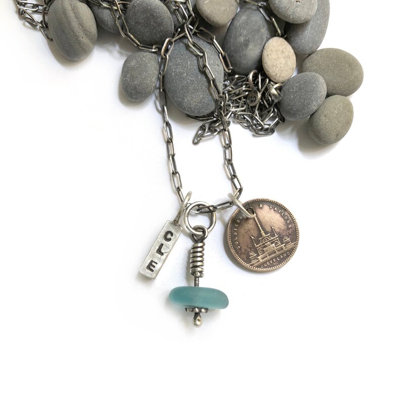 Vintage Cleveland Public Square May Co Soldiers Sailors Monument Token Cle 216 Beach Glass Seaglass Sterling Silver Charm Necklace