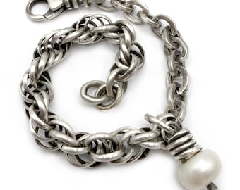 Sterling Silver Multi Chain Vintage Pearl Bracelet Adjustable Rope Chunky Cable One of A Kind Adjustable
