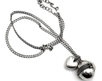 Sterling Silver Vintage Photo Ball Locket Necklace Puffy Heart Charm Adjustable Length Orb