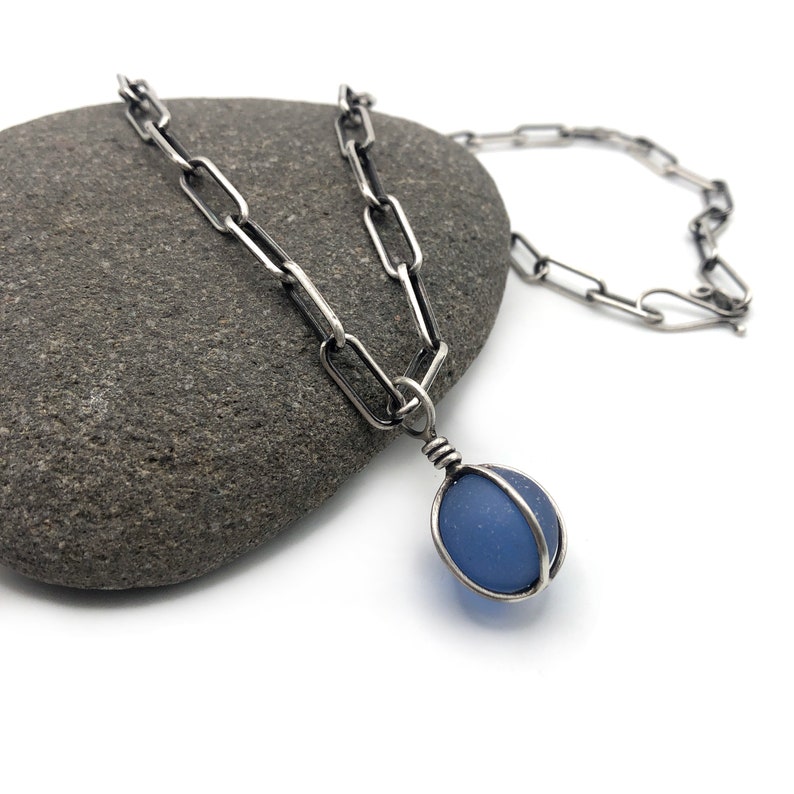 Blue Authentic Seaglass Marble Pendant Necklace Sterling Silver Adjustable Oblong Cable Paperclip Chain image 8
