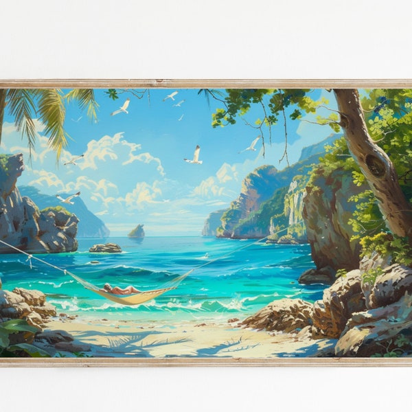 Frame TV Art | Lounging in a Hammock on the Beach of a Tropical Island | Summer Oil Painting | Instant Digital Download