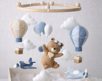 Baby boy nursery mobile, airplane teddy bear mobile, hot air balloon crib decor