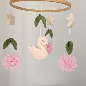 Handmade Swan Baby Mobile: Pink Flower Felt Star Nursery Decor