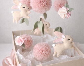 Bunny baby mobile with tiul pom poms, rabbit nursery decor, crib mobile, baby shower gift