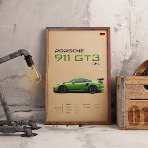 Pôster Porsche 911 GT3 RS, Arte de parede de carro esportivo de alto desempenho, Decoração de parede para entusiastas de corrida, Impressão em papel Kraft, Presente para amantes de carros
