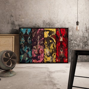 May include: A framed print of a colorful anime-style illustration featuring five characters with swords and a dark background. The characters are in various poses, with some facing the viewer and others facing away. The print is divided into five sections, each with a different color scheme.