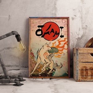 Okami Poster: Amaterasu Sun Goddess, Japanese Ink Art Kraft Paper Print