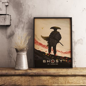 Poster del gioco Ghost of Tsushima, Samurai Warrior Wall Art, Stampa su carta Kraft, Decorazione murale per videogiochi epici, Regalo per giocatori