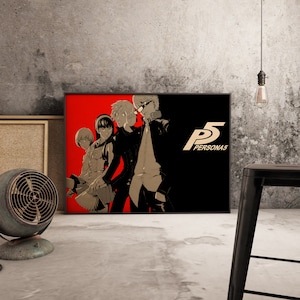 May include: A black and white poster with a red background featuring four characters from the video game Persona 5. The characters are standing in front of the text "P5 PERSONA5".