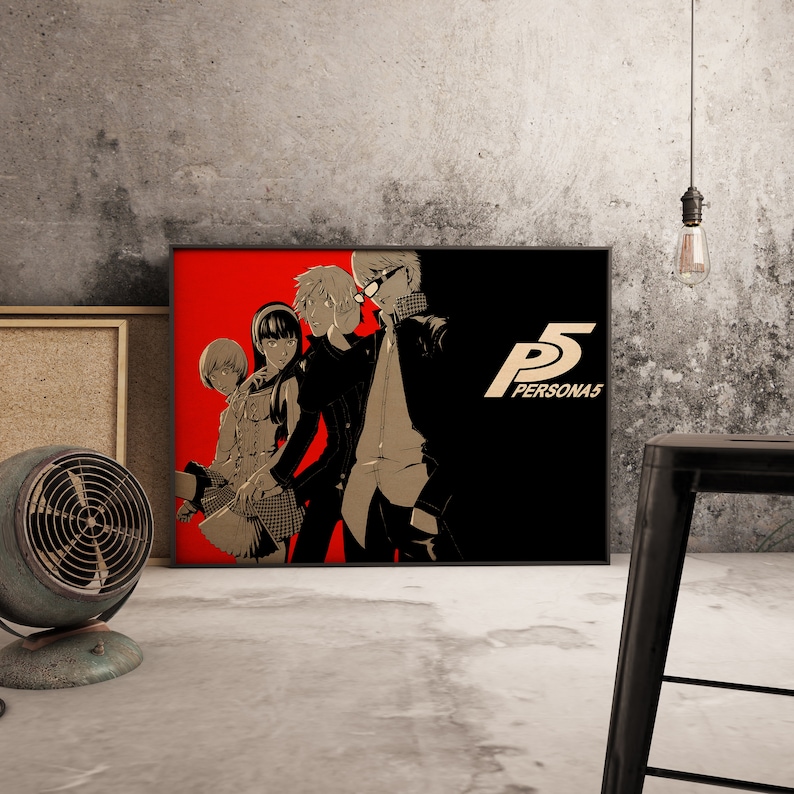 May include: A black and white poster with a red background featuring four characters from the video game Persona 5. The characters are standing in front of the text "P5 PERSONA5".