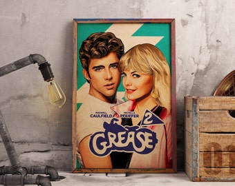 Grease Movie Poster, Classic 50s Musical Wall Art, Kraft Paper Print, John Travolta and Olivia Newton Wall Decor, Film Buff Gift